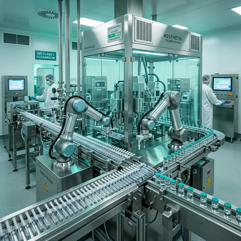 Automated cleanroom aesthetic medical manufacturing and sterile syringe filling line