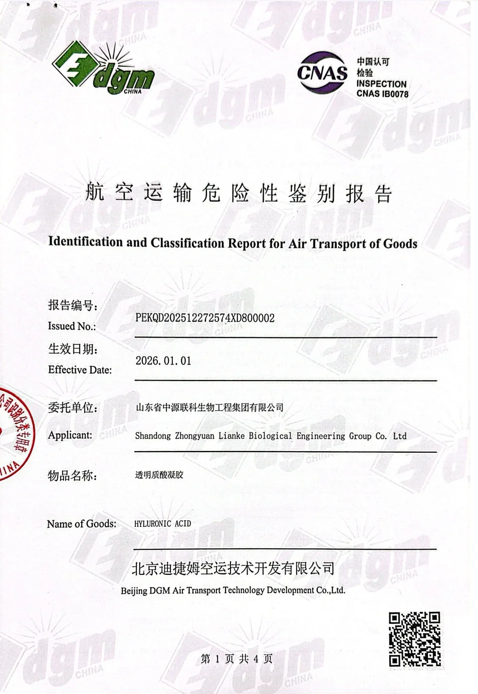 Identification and Classification Report for Air Transport of Goods — Hyaluronic Acid Gel preview